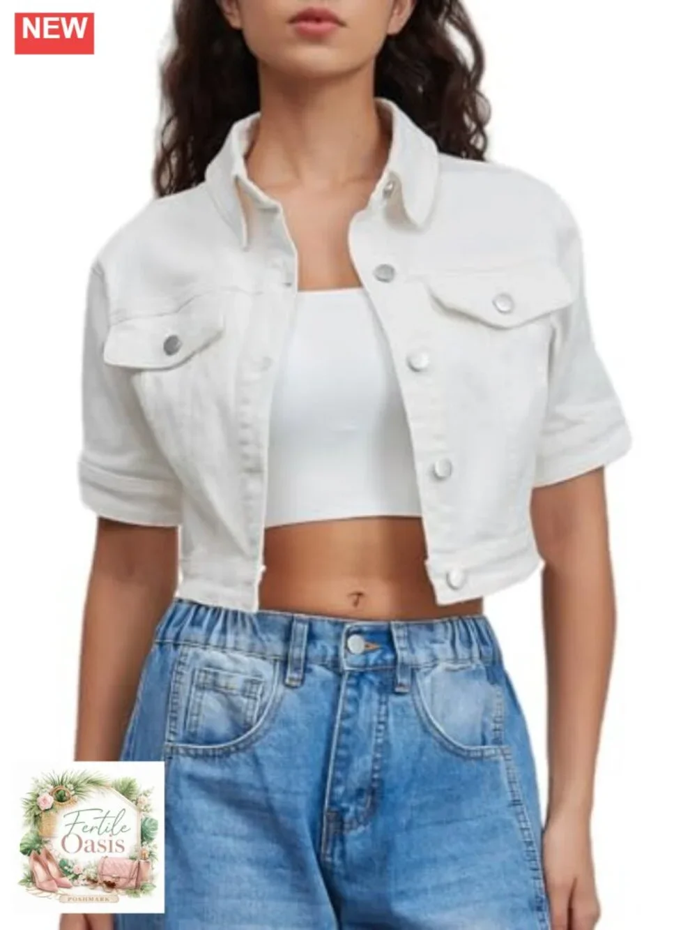 Women Cropped Denim Jacket Short Sleeve Button Down Trucker Jean Coat